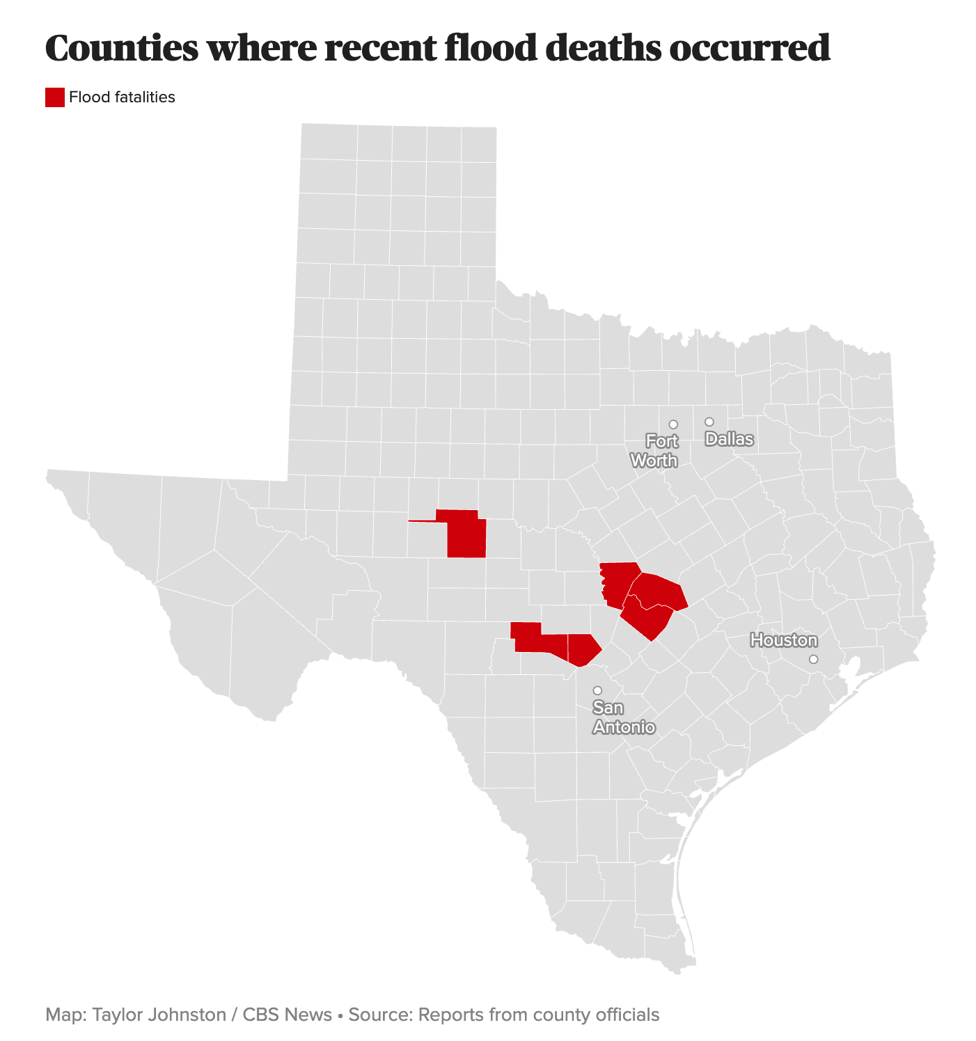 CBS News map reveals Texas counties where recent flash floods resulted in fatalities, including regions near Camp Mystic. The data highlights the human toll of severe weather across central and southern Texas.
