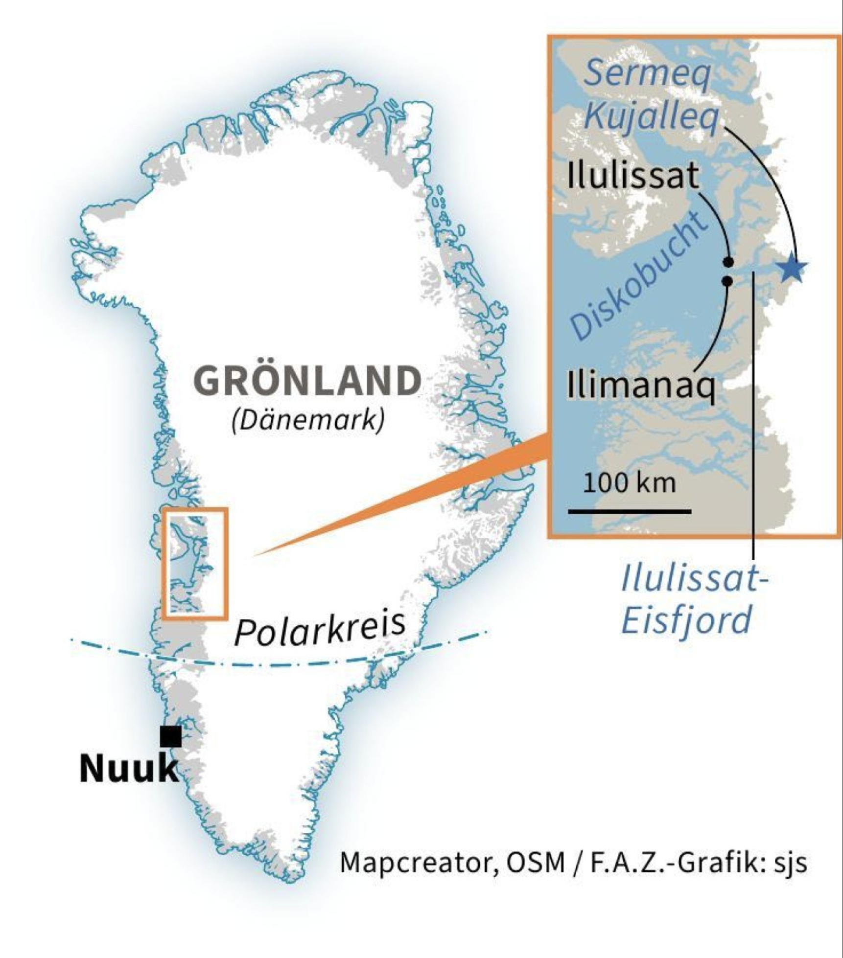 FAZ map shows Greenland's Ilulissat region and Disko Bay, spotlighting the Sermeq Kujalleq glacier amid growing global interest in Greenland as temperatures rise. Now seen as a cool destination in a warming world.