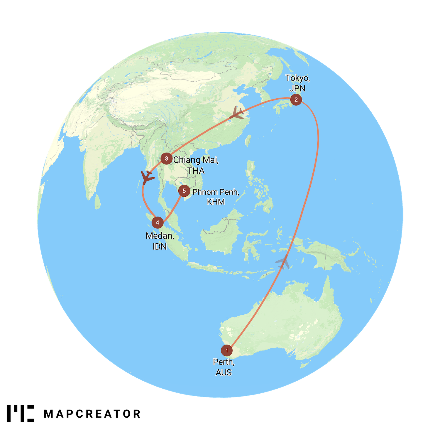 Mapcreator's numbered icon import through spreadsheet. Globe example with a route