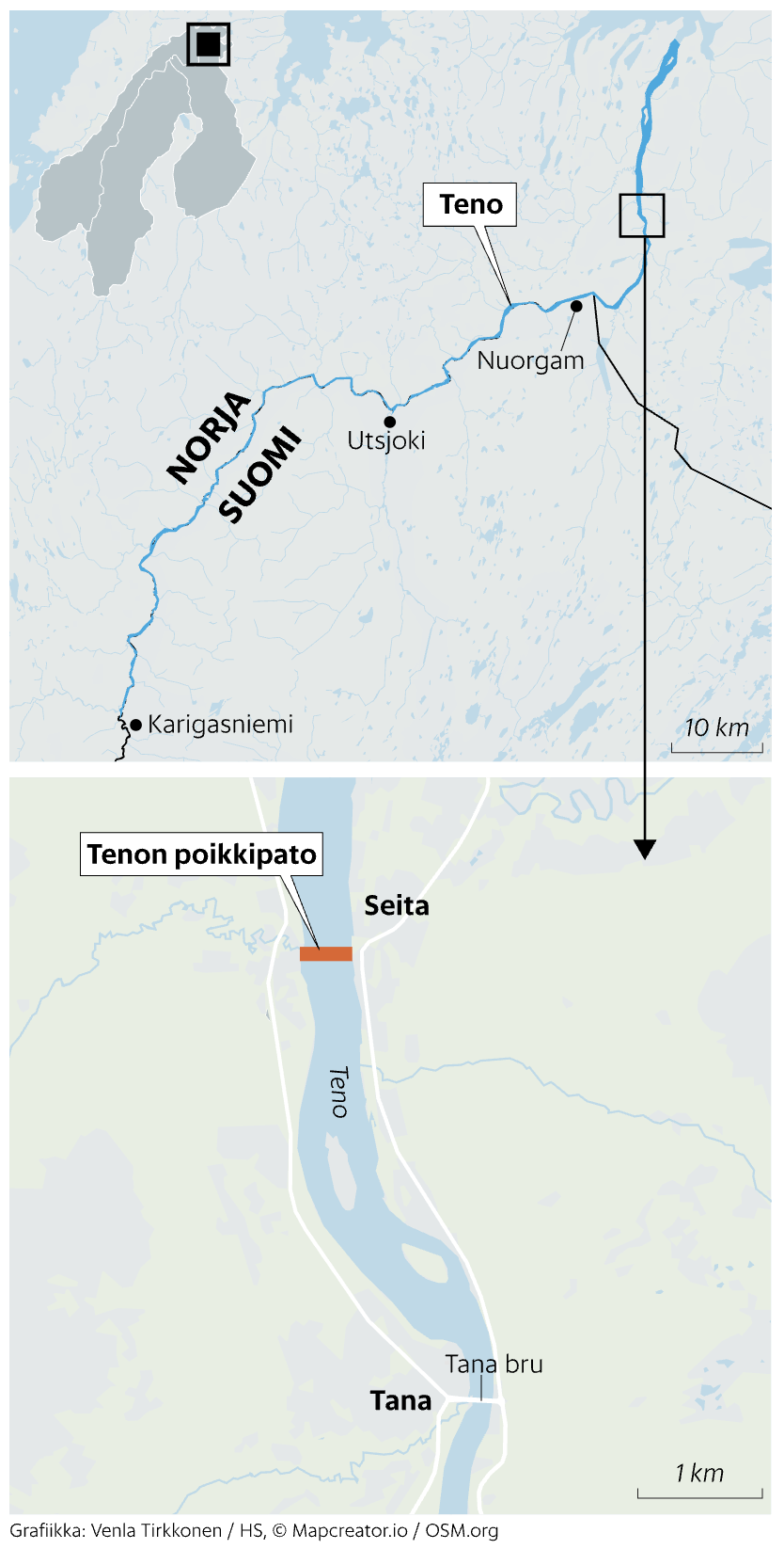 Map from Helsingin Sanomat shows the Teno River on the Norway–Finland border, where Norway began mass fishing for invasive humpback salmon at a newly installed cross-dam near Tana.