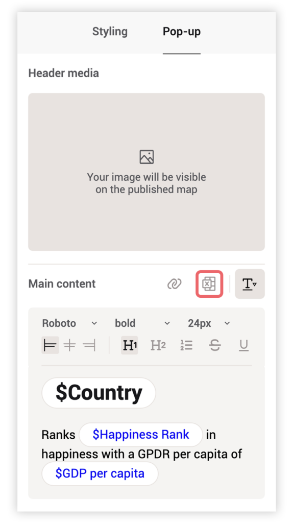 numbered icons from a spreadsheet pop up styling in mapcreator