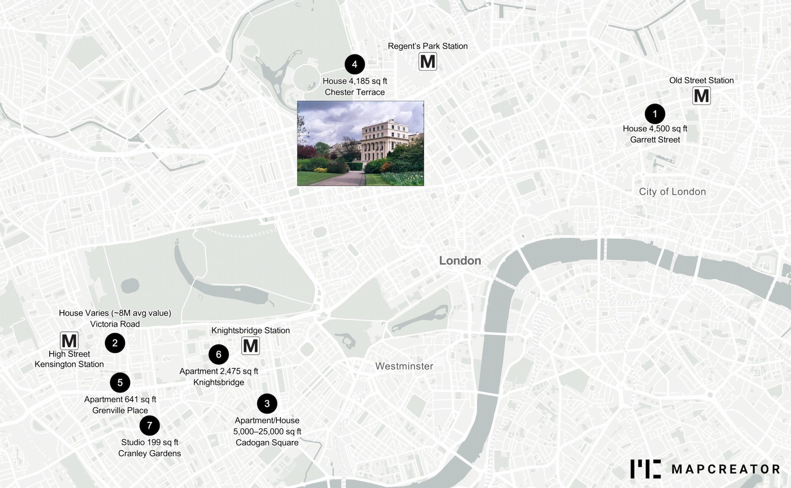 Mapcreator's numbered icon import through spreadsheet. Example for real estate properties in london