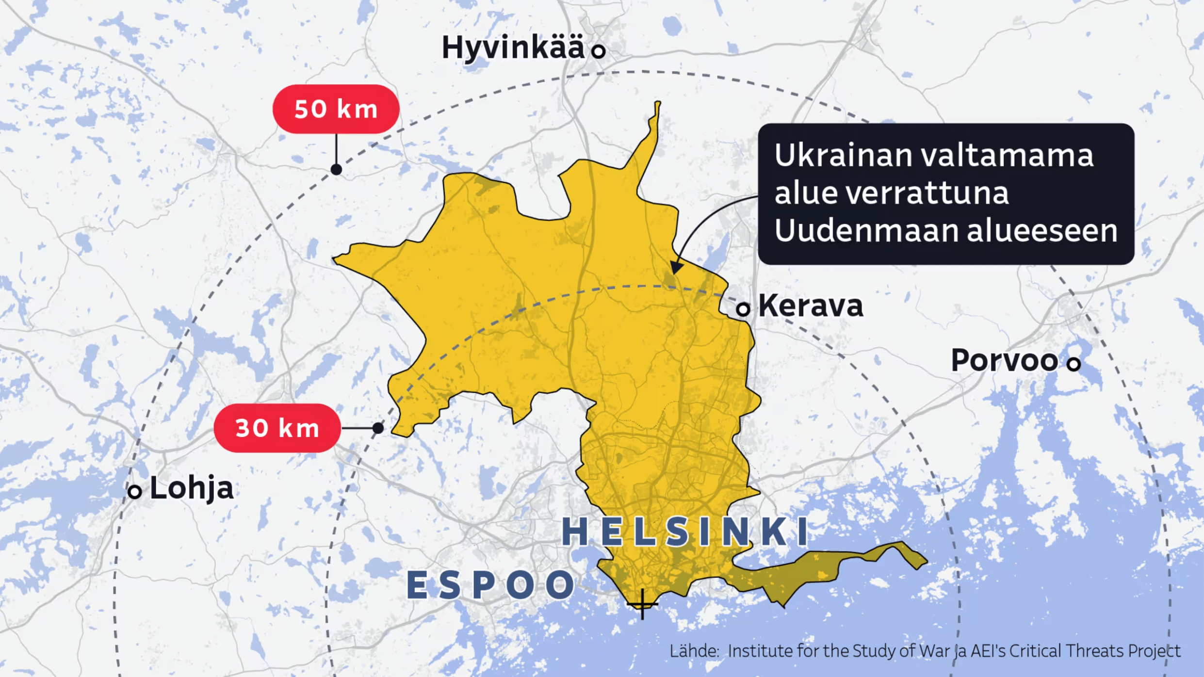 YLE map compares Ukrainian territory reclaimed from Russian forces with Finland's Uusimaa region, showing the area relative to cities like Helsinki and Espoo. Based on data from the Institute for the Study of War and AEI.