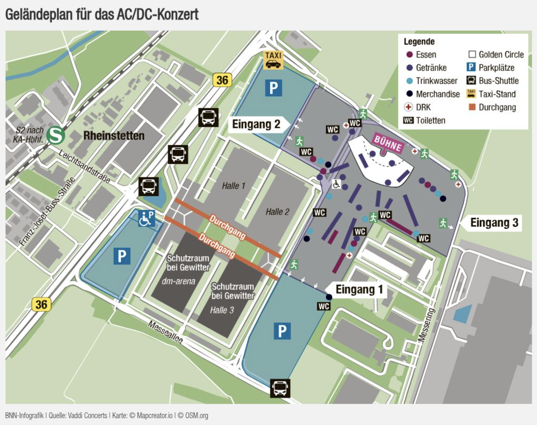 Official site plan for the AC/DC concert in Karlsruhe with entrances, parking, facilities, and emergency shelters for over 75,000 fans.