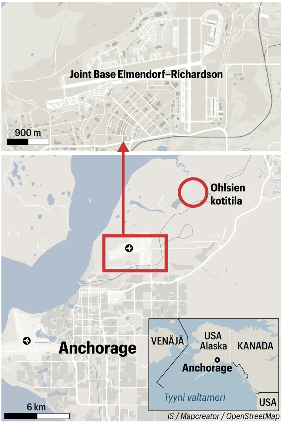 Map of Anchorage, Alaska, showing Joint Base Elmendorf–Richardson and a Finnish-linked homestead near the city, ahead of the Trump–Putin meeting.