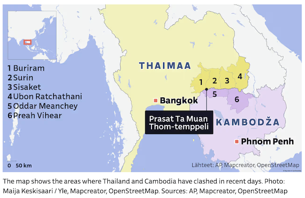 Map showing areas of recent Thai-Cambodian border clashes, focusing on disputes near the Prasat Ta Muan Thom temple and other contested provinces.