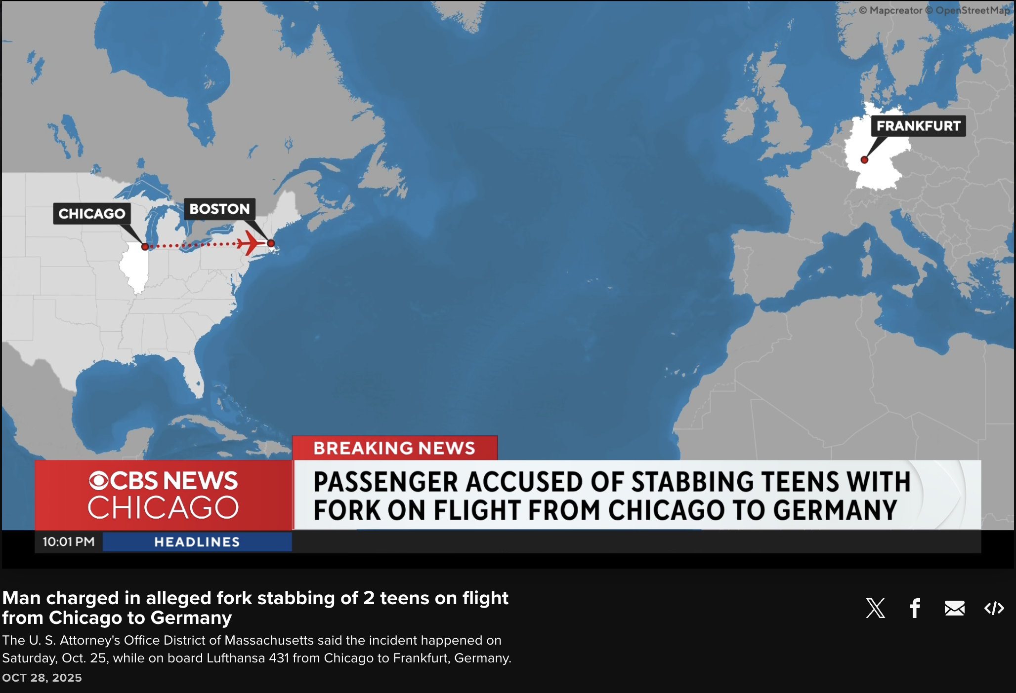 CBS News map showing flight path from Chicago to Frankfurt with a diversion near Boston, and headline about a passenger accused of stabbing two teens with a fork.