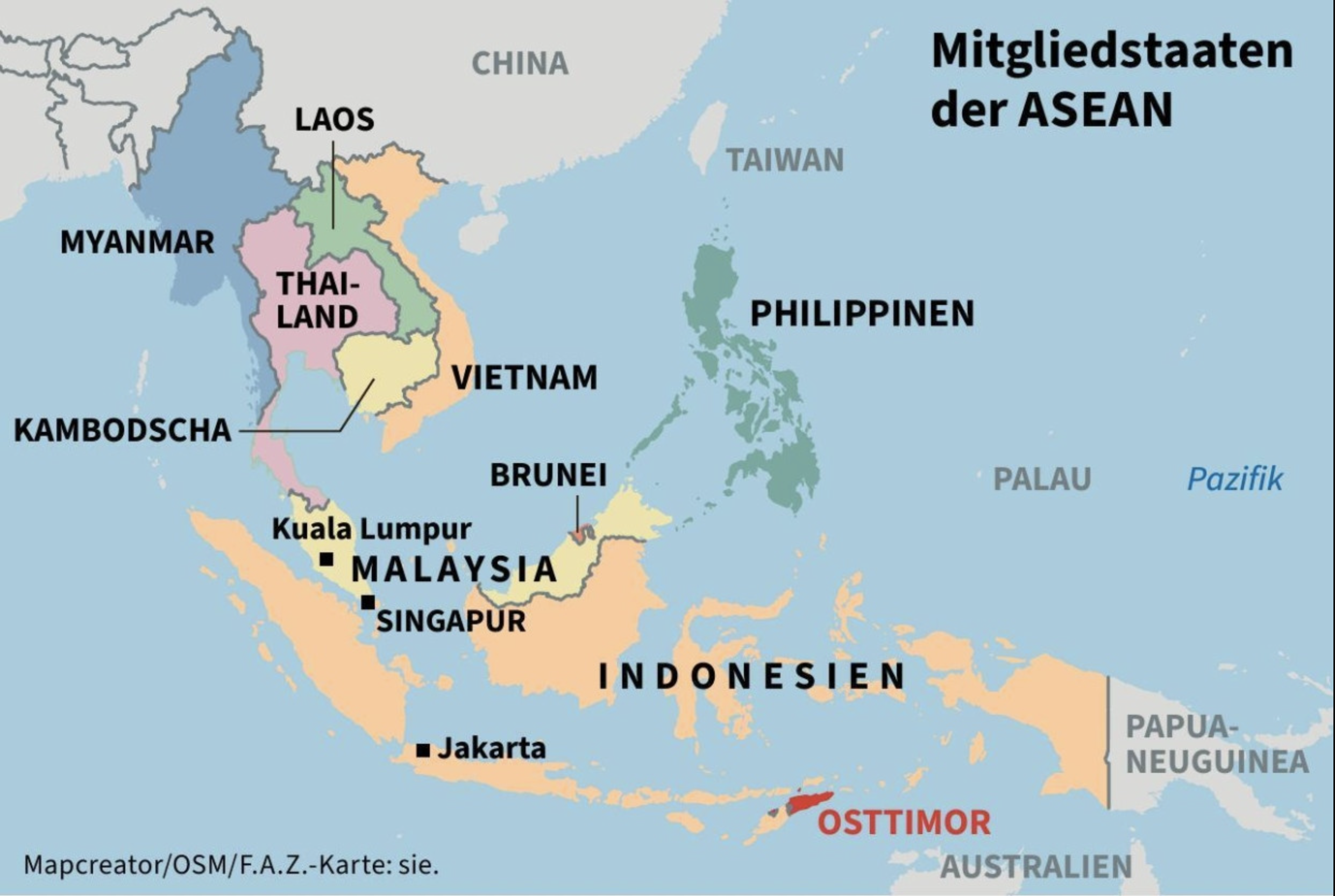 Political map of Southeast Asia showing ASEAN member countries such as Indonesia, Malaysia, Singapore, Thailand, Vietnam, Cambodia, Myanmar, Laos, Brunei, and the Philippines.
