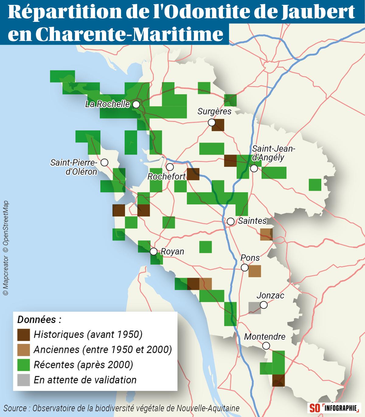Map showing the distribution of the Odontite de Jaubert plant across Charente-Maritime, France, with grid squares indicating observations from historical to recent periods.