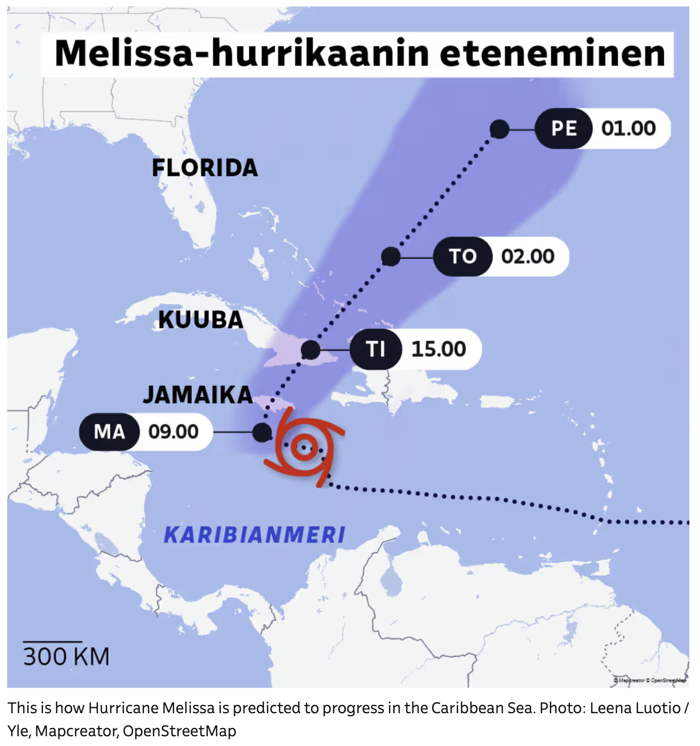 Forecast map of Hurricane Melissa’s path through the Caribbean, showing its projected movement past Jamaica and Cuba toward Florida with time markers.