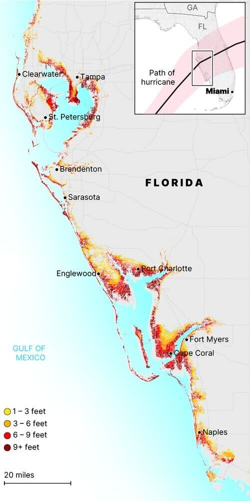 Color-coded map of storm-surge risk along Florida’s Gulf Coast, showing expected flooding depths near cities such as Tampa, Sarasota, Fort Myers, and Naples, with an inset depicting the hurricane’s projected path.