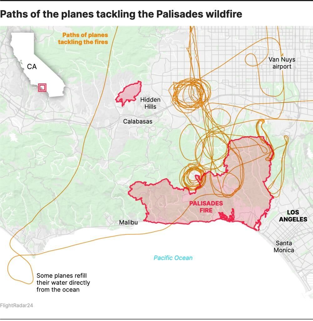 Infographic map showing the Palisades wildfire area and the looping orange flight paths of firefighting planes around Los Angeles, Malibu, and the Pacific Ocean.