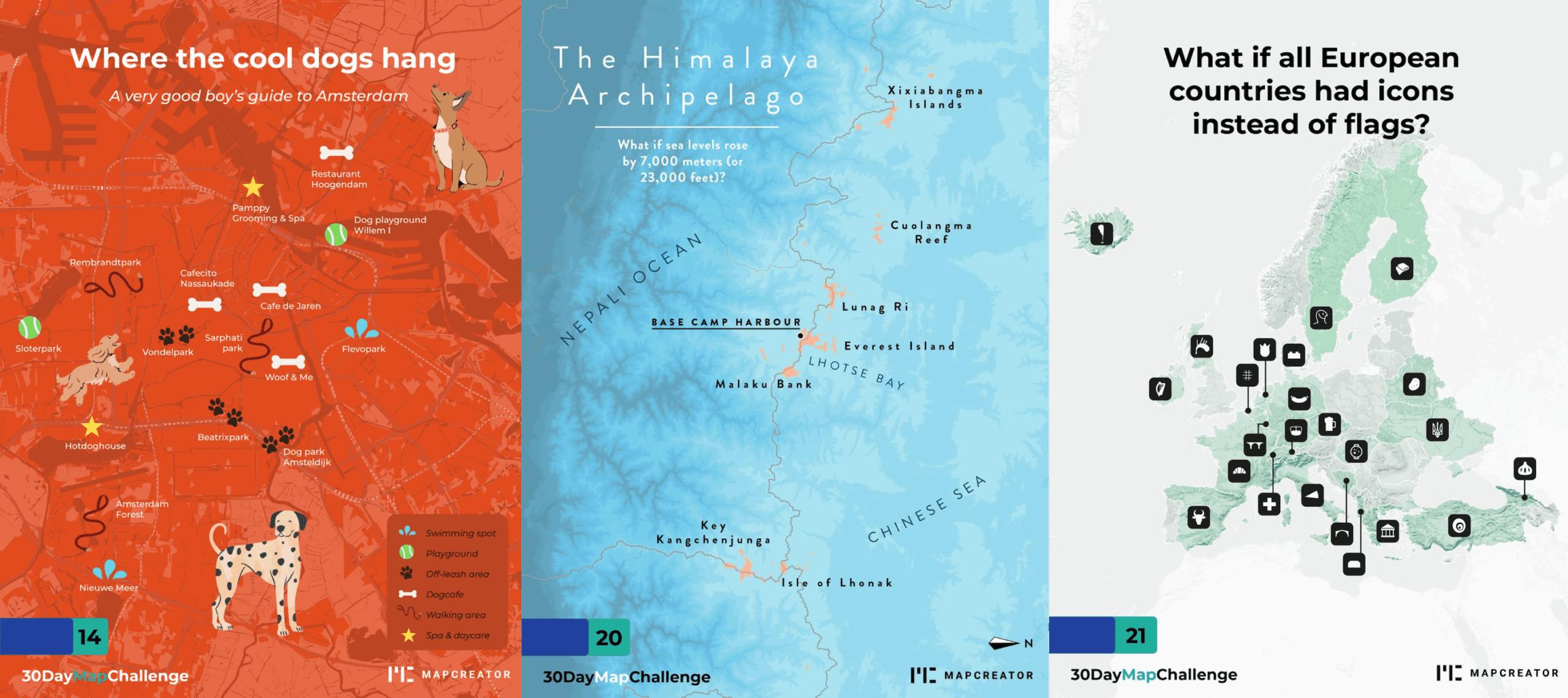 30 day map challenge, three examples from the challenge, days 14, 20 and 21