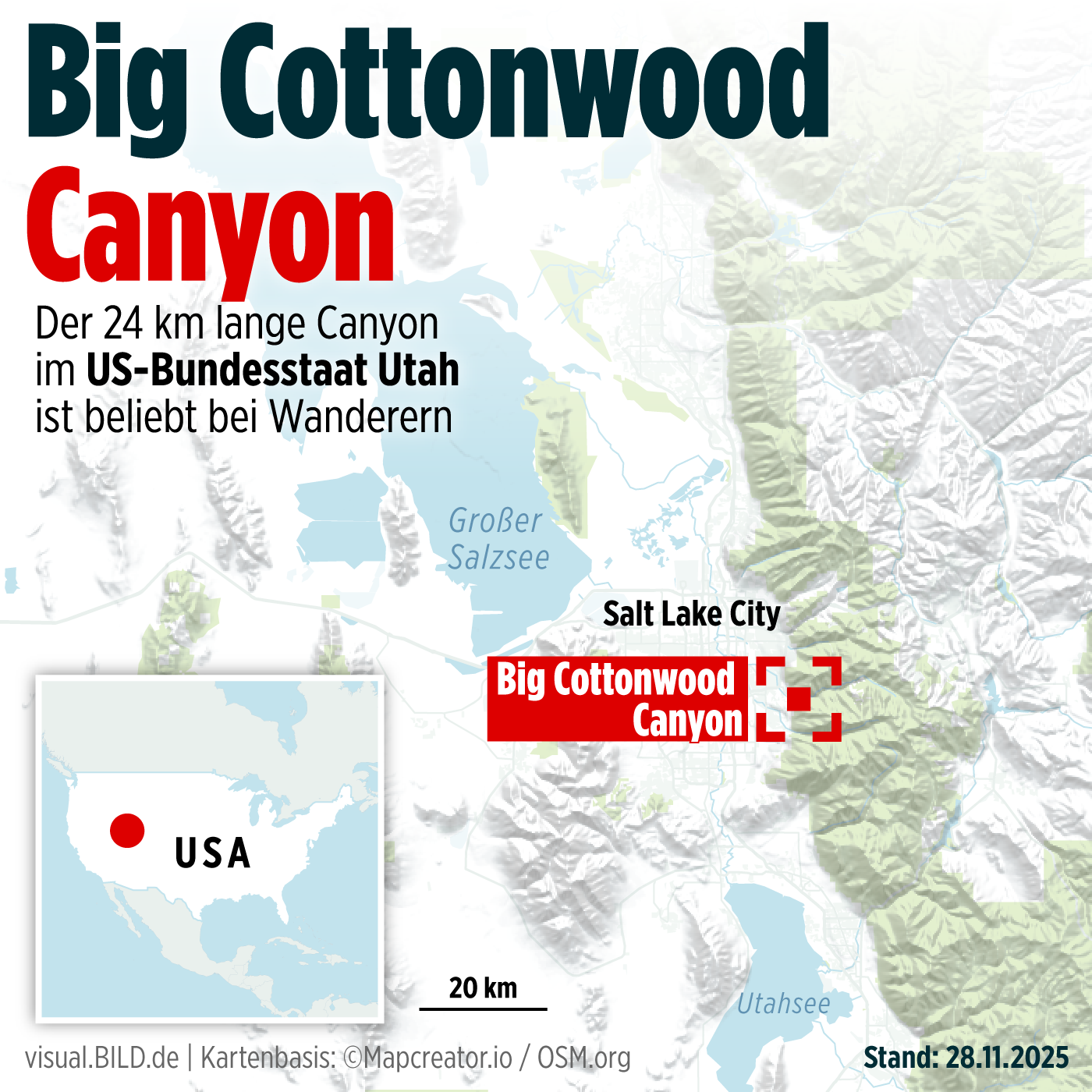 Map showing the location of Big Cottonwood Canyon near Salt Lake City, Utah, with surrounding mountains and an inset of the USA.