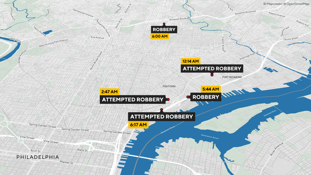 Philadelphia map showing locations and times of robberies and attempted robberies marked with labels and red pins across multiple neighborhoods near the Schuylkill River.