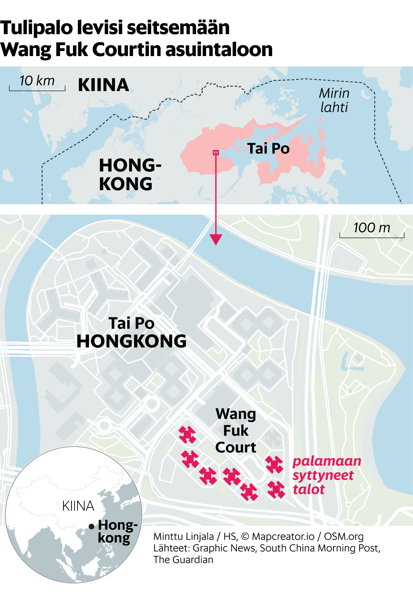 News graphic showing the headline that the Hong Kong fire death toll has risen to nearly 130.
