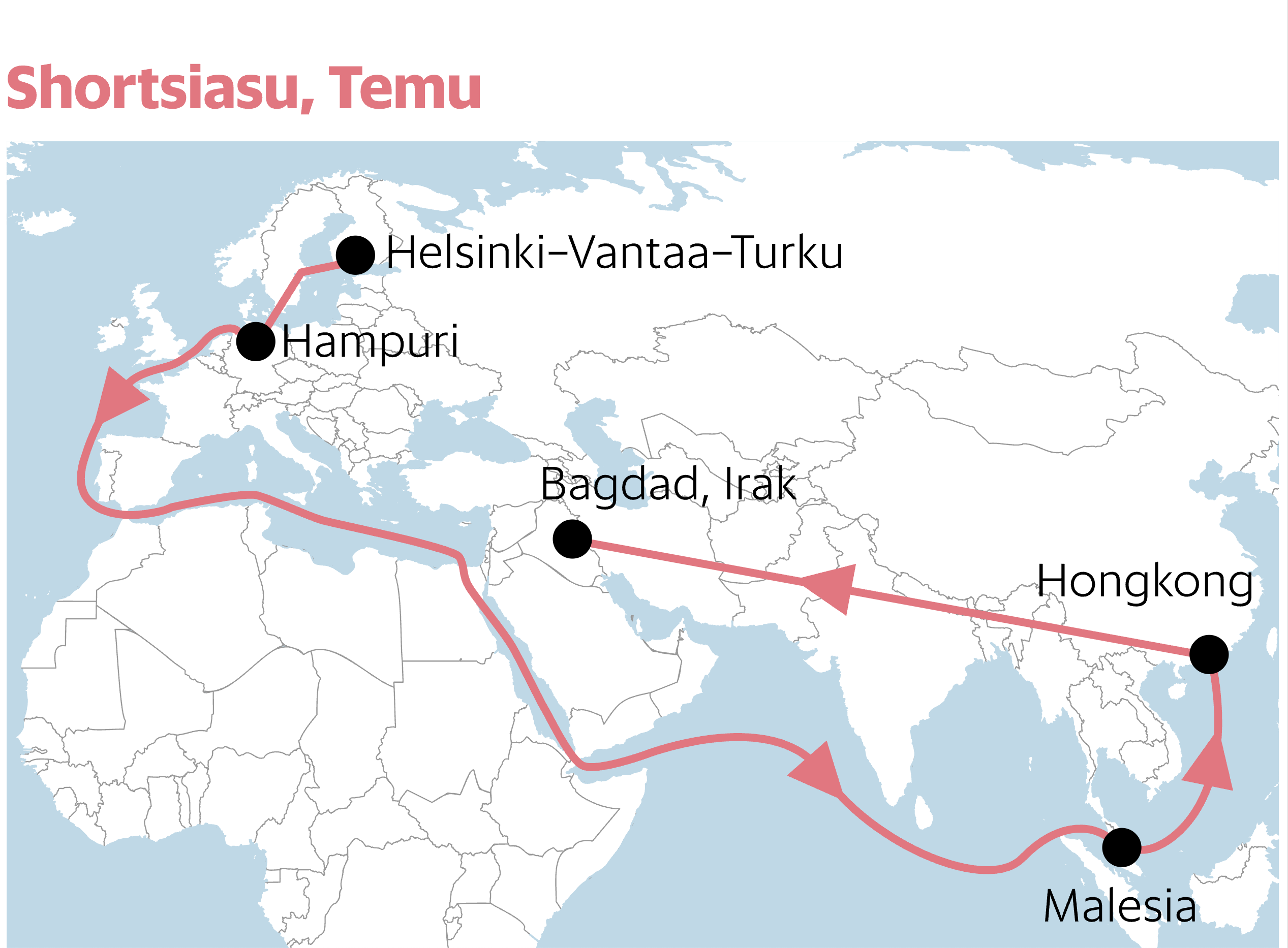 World map showing red shipping routes connecting Asia, the Middle East, and Europe in the global clothing supply chain.