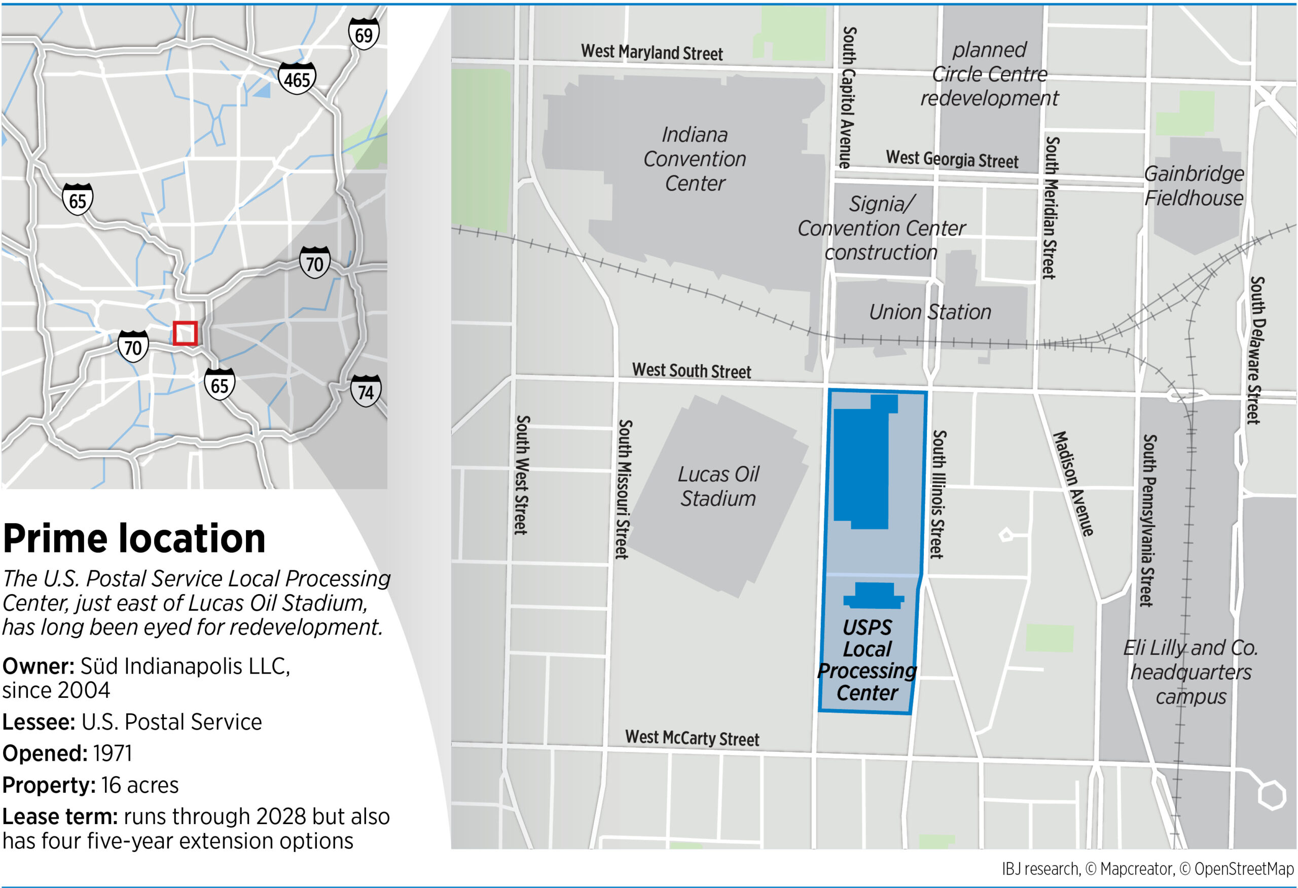 Map showing the USPS Local Processing Center site in downtown Indianapolis near Lucas Oil Stadium and surrounding redevelopment areas.