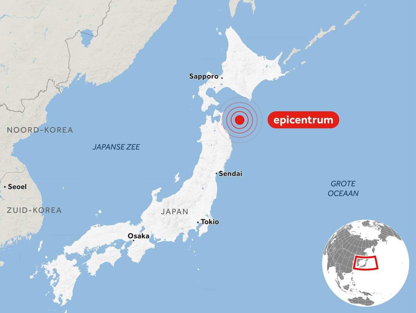 Map of Japan showing an offshore earthquake epicenter marked with a red target symbol near the northeastern coast.