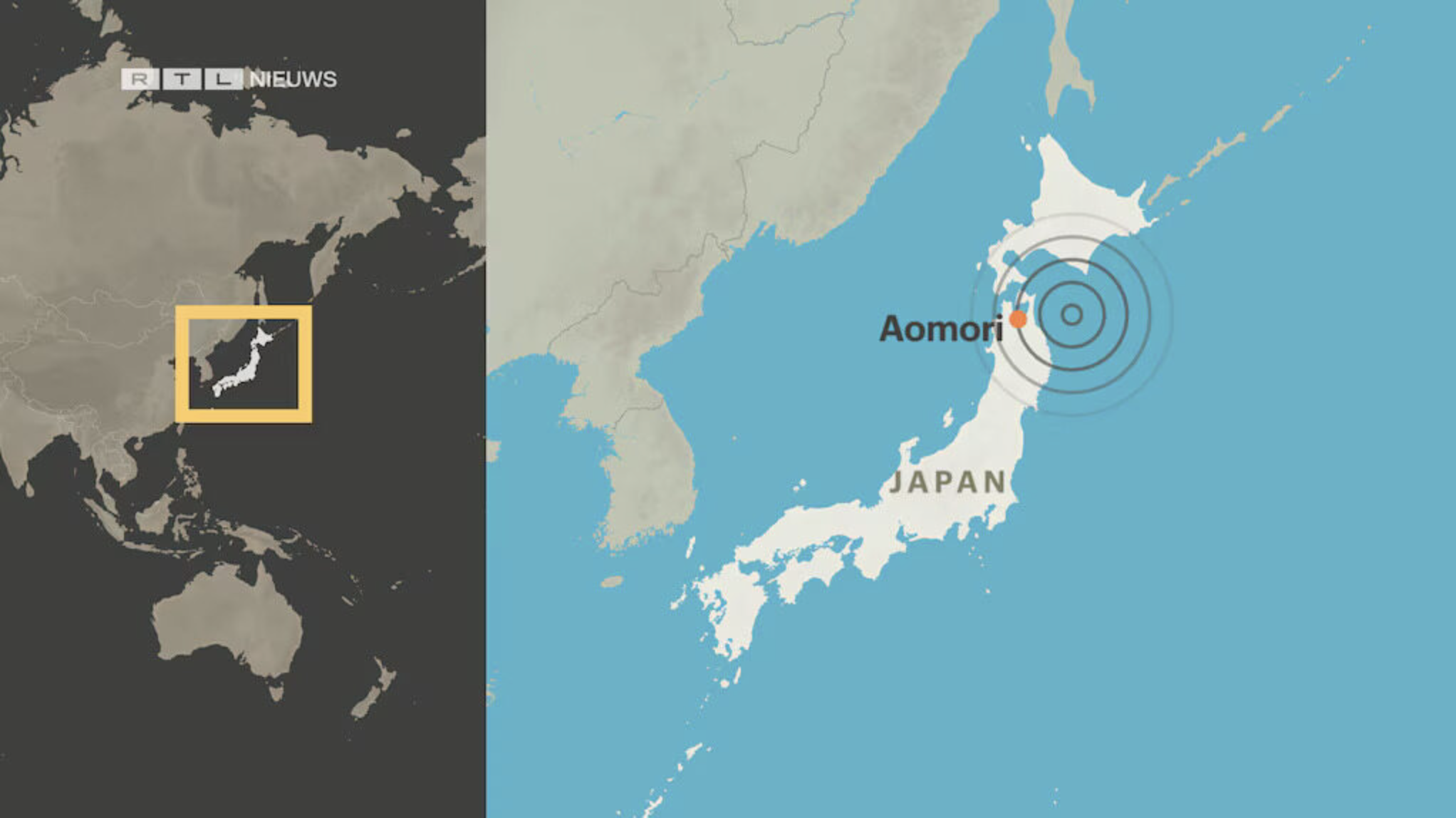 Map showing an offshore earthquake epicenter near Aomori in northern Japan with concentric impact circles and a global location inset.