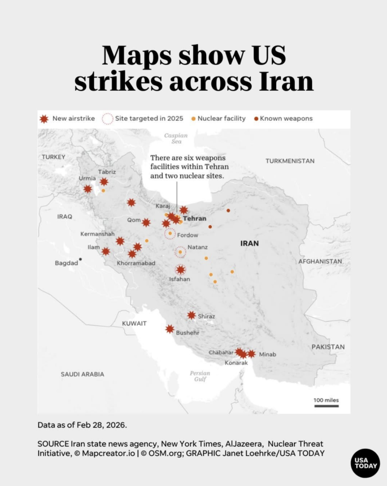 Map of Iran showing locations of US airstrikes, nuclear facilities, and weapons sites with symbols marking key strategic areas.