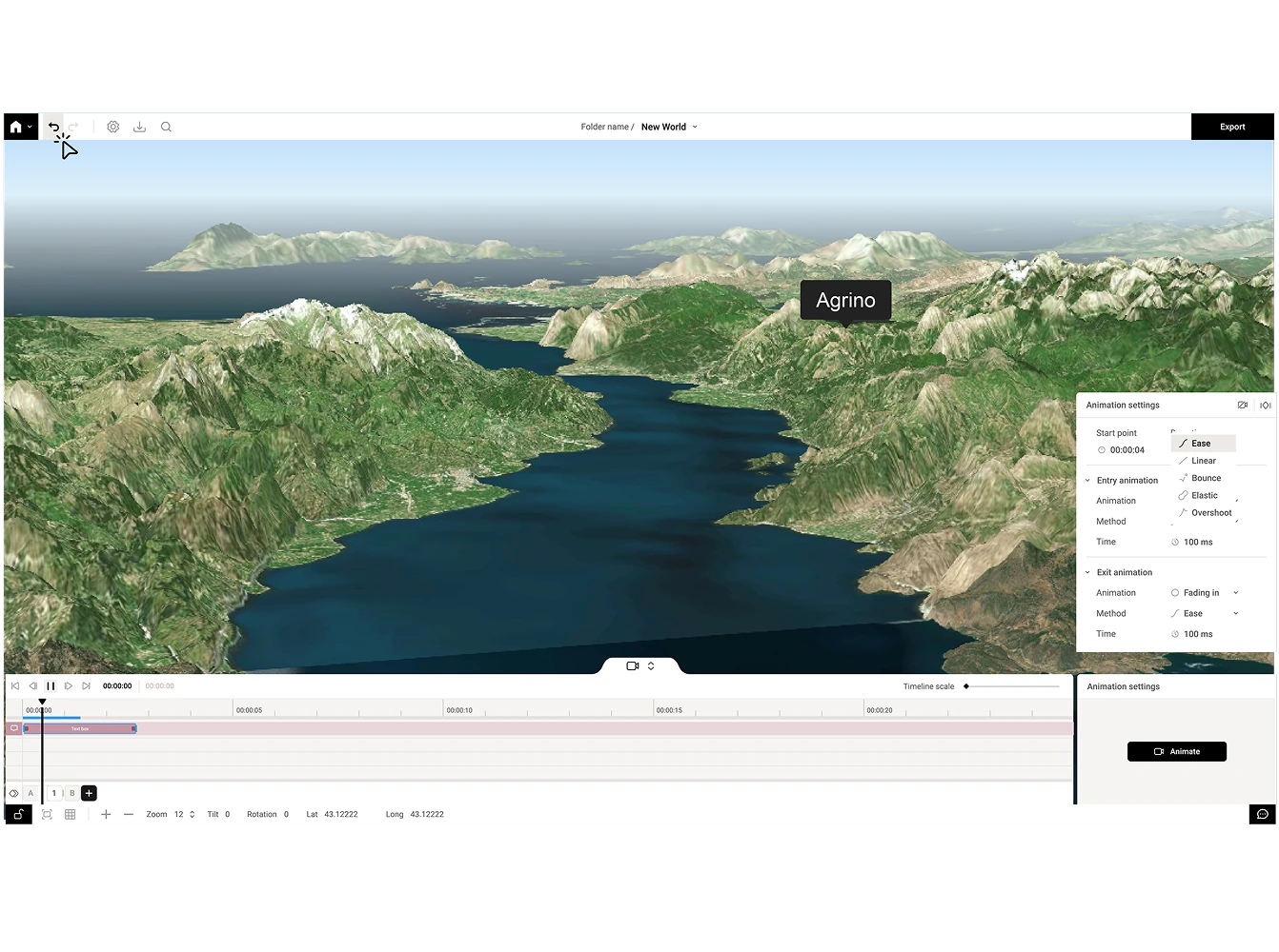 Screenshot of a 3D terrain map showing mountains and a lake, displayed inside a map animation editor with timeline controls and animation settings panels.