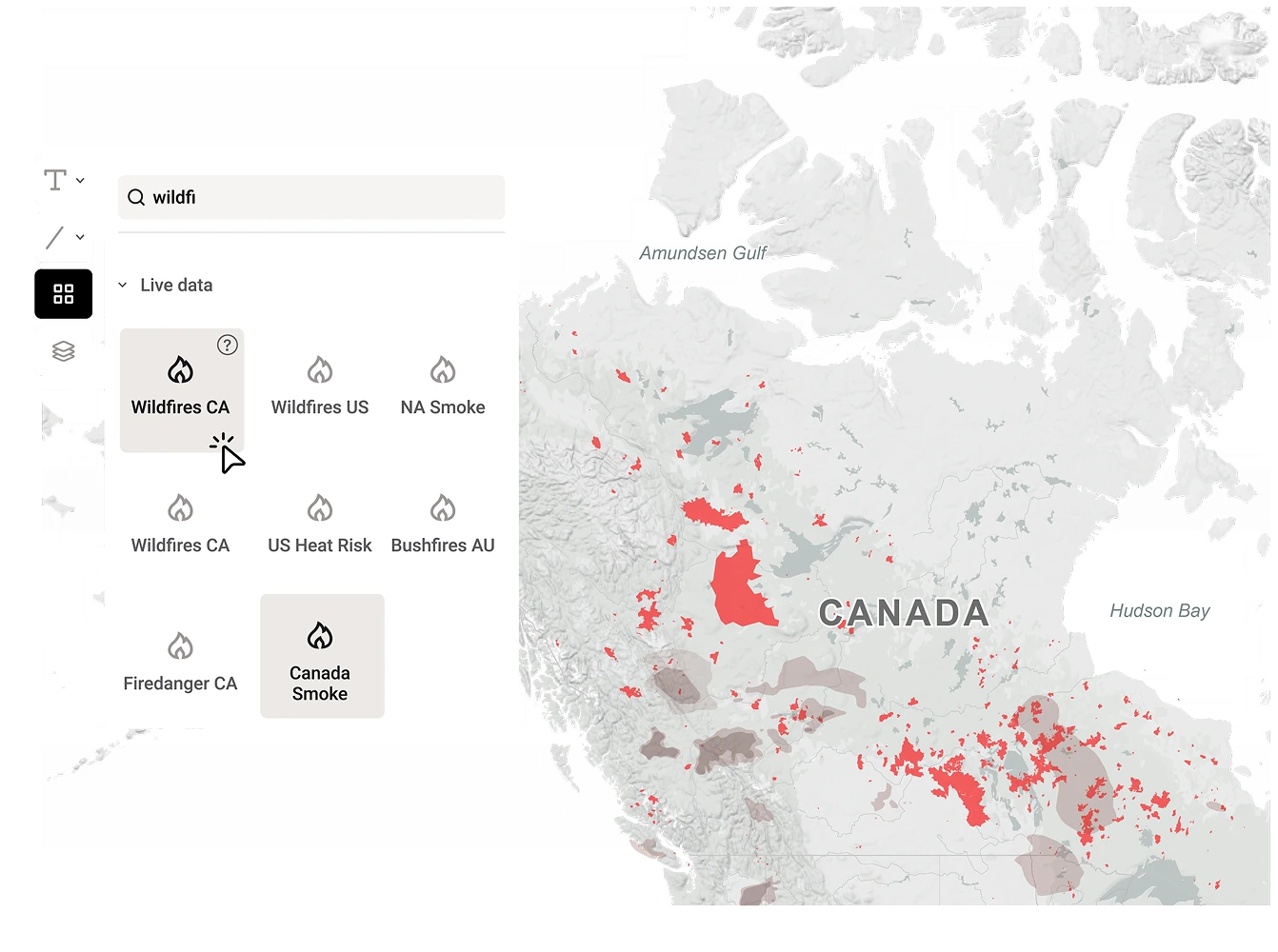 Map of active wildfires with live data in canada inside mapcreator