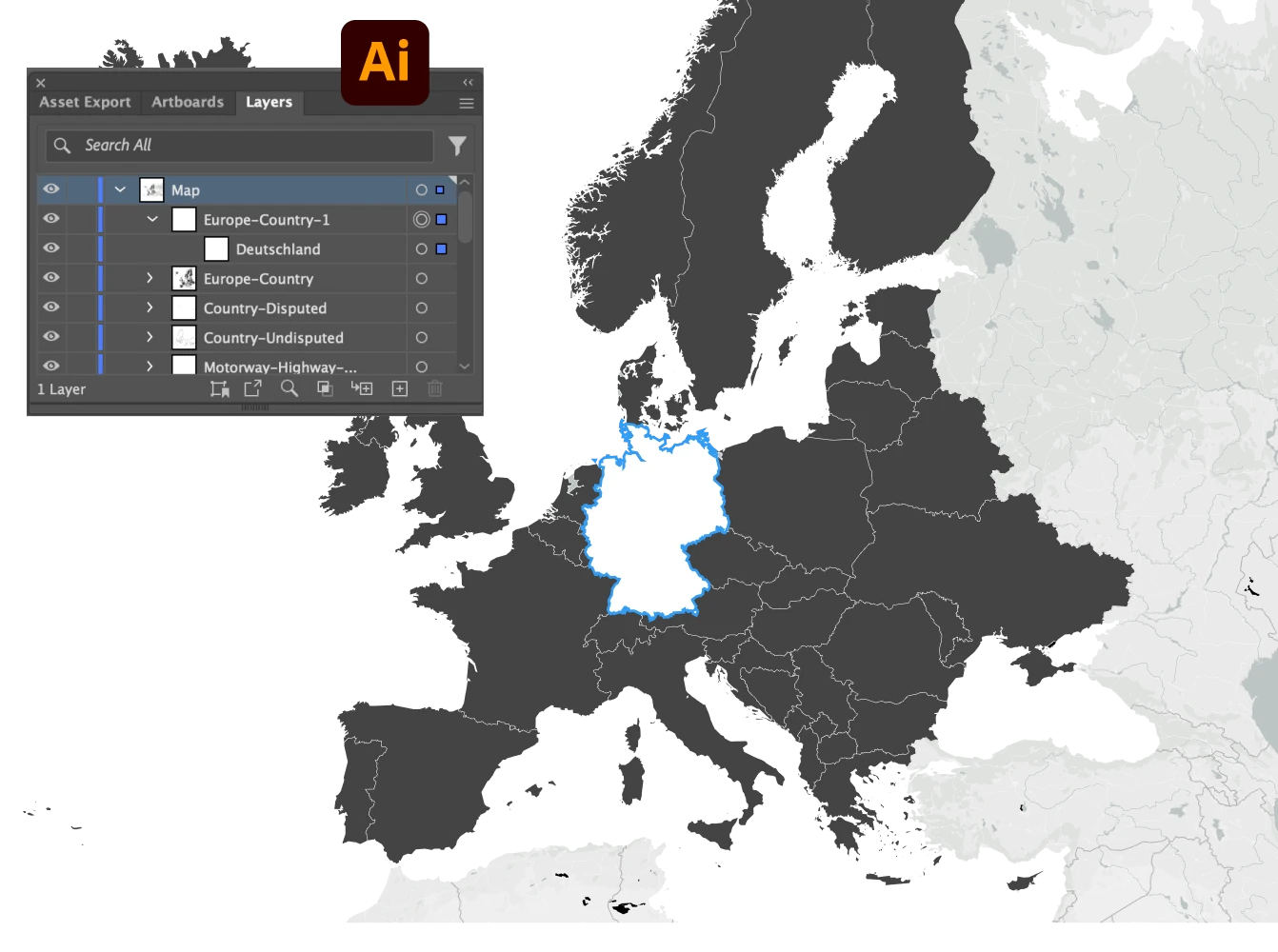 A vector map of Europe with Germany highlighted in white against darker surrounding countries, shown alongside an Adobe Illustrator layers panel.