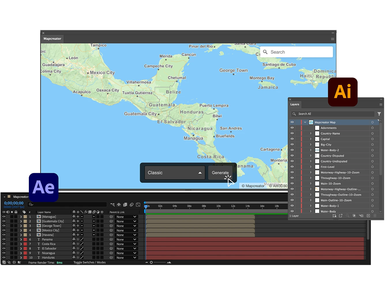 A map of Central America shown inside an animation workflow, combining a map generation interface with After Effects and Illustrator panels for motion-ready export.