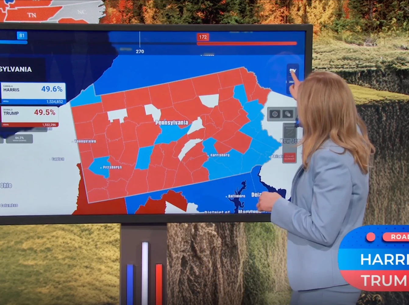 A presenter points to a large screen showing a color-coded map of Pennsylvania with county-level election results and vote percentages for presidential candidates.