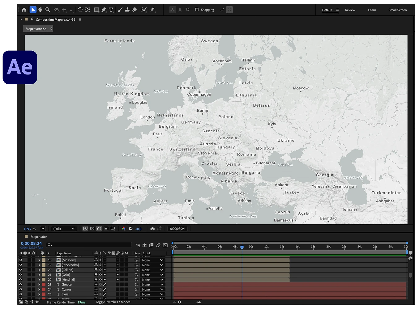 A computer screen displays a video editing timeline and a stylized map of Europe, with multiple country layers visible, suggesting an animated or explainer map being created in motion graphics software.