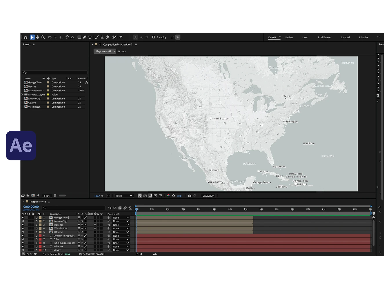 An Adobe After Effects interface displaying a map of the United States with multiple layers and a timeline, indicating an animated map composition in progress.
