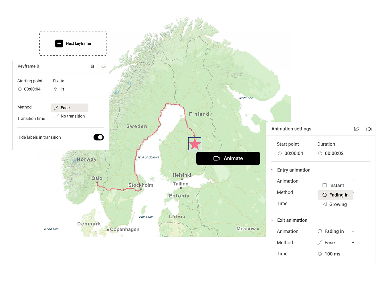 Map of Scandinavia showing a highlighted route through Sweden and Finland, with animation keyframe controls and settings visible in the interface.