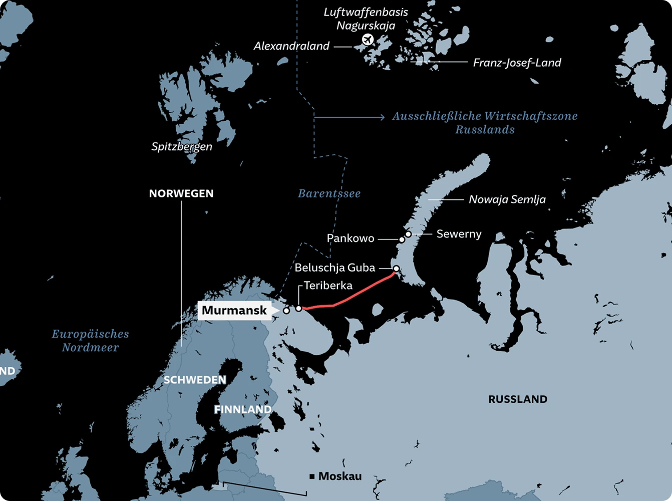 A thematic map of the Arctic region showing Murmansk, surrounding seas, islands, and an outlined route or corridor, with geopolitical boundaries and labels in German.