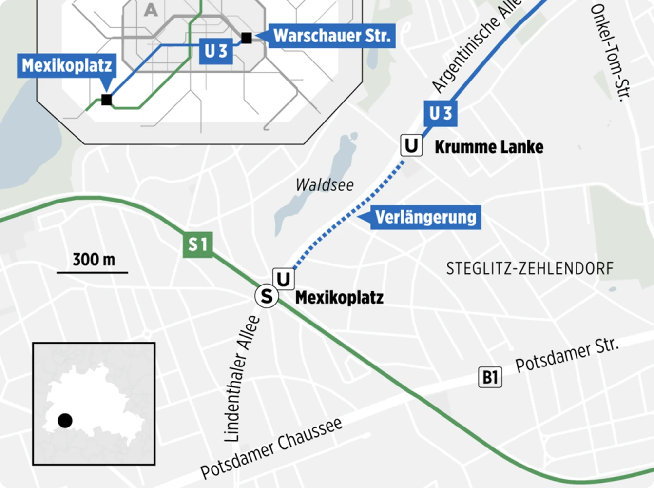 A transit map of southwest Berlin showing the U3 underground line, stations such as Mexikoplatz and Krumme Lanke, and a proposed extension marked with a dashed line.