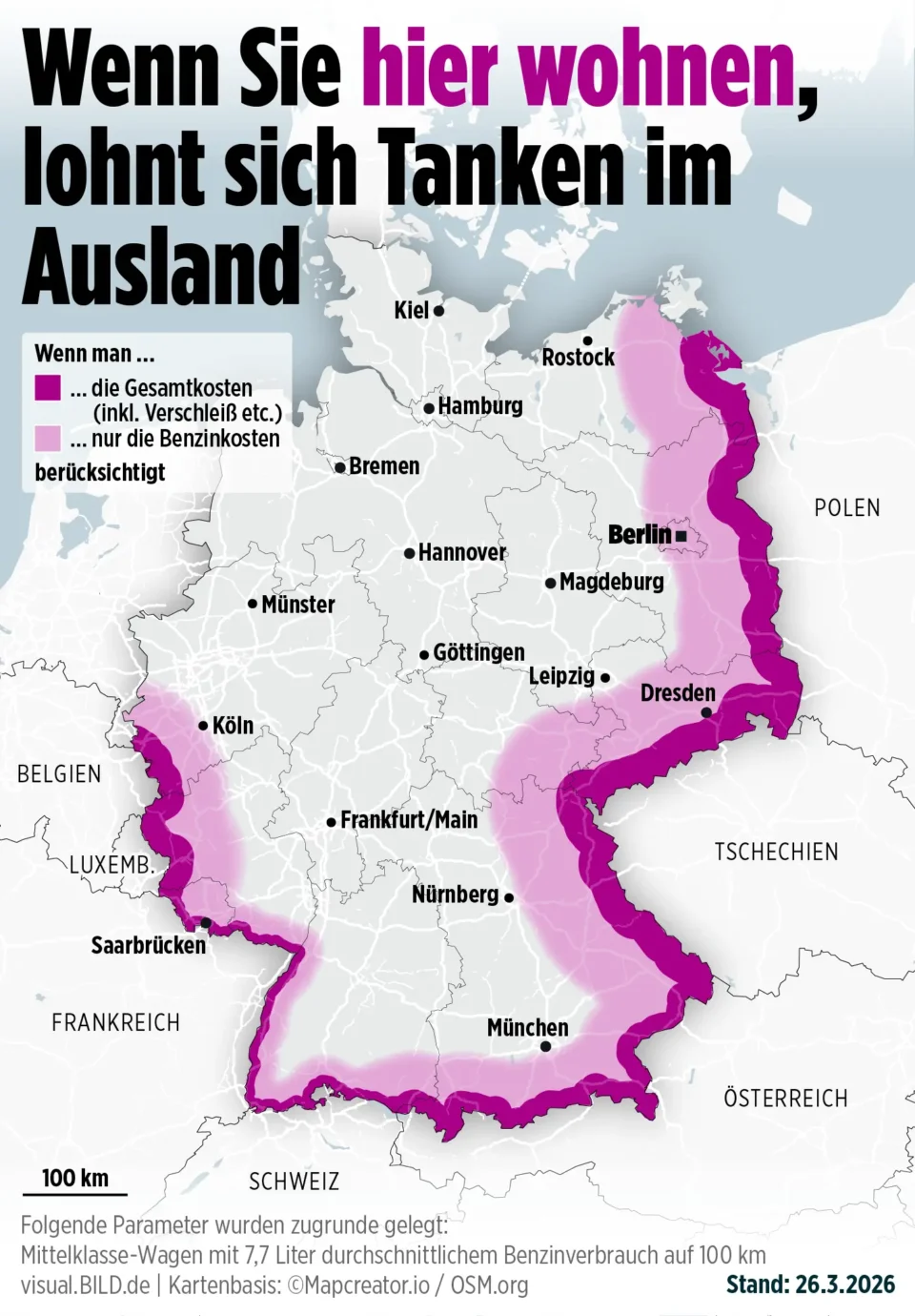 Map of Germany highlighting border areas where fueling abroad is cheaper, with zones based on total costs and fuel-only calculations.