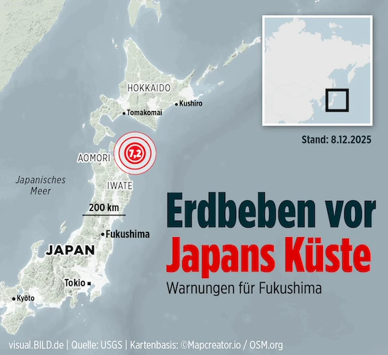Map of northern Japan showing an earthquake offshore near Aomori with a magnitude of 7.2, including nearby cities such as Fukushima and Tokyo.