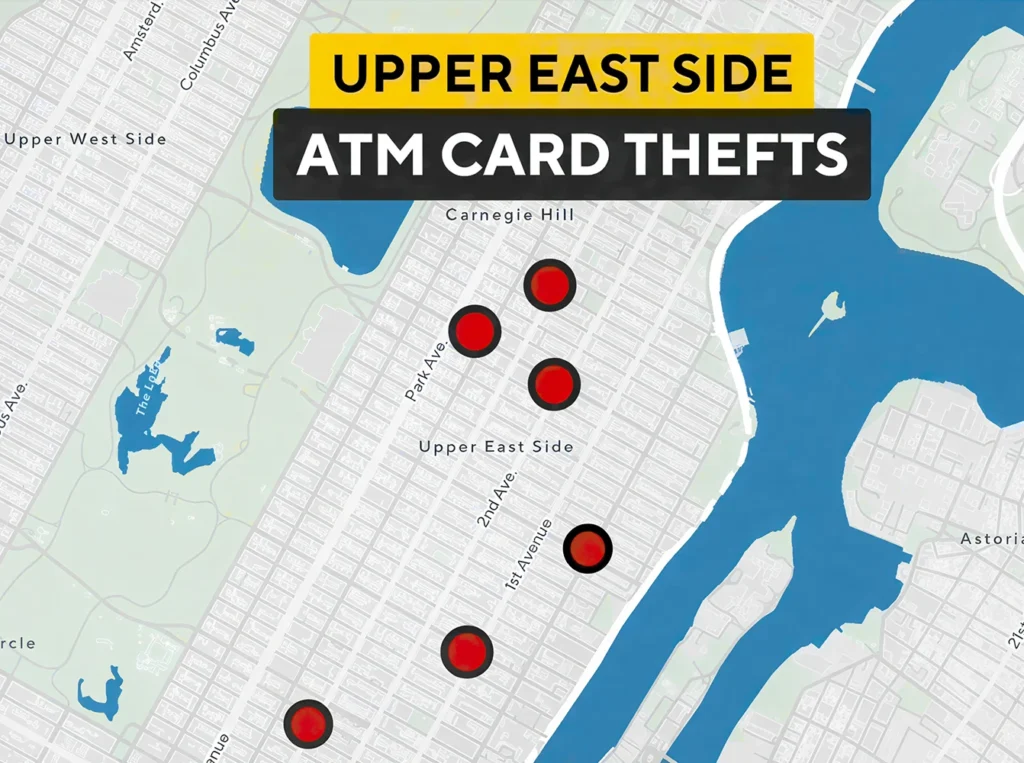 A neighborhood map of Manhattan’s Upper East Side showing multiple red markers indicating reported ATM card theft locations near Central Park and the East River.