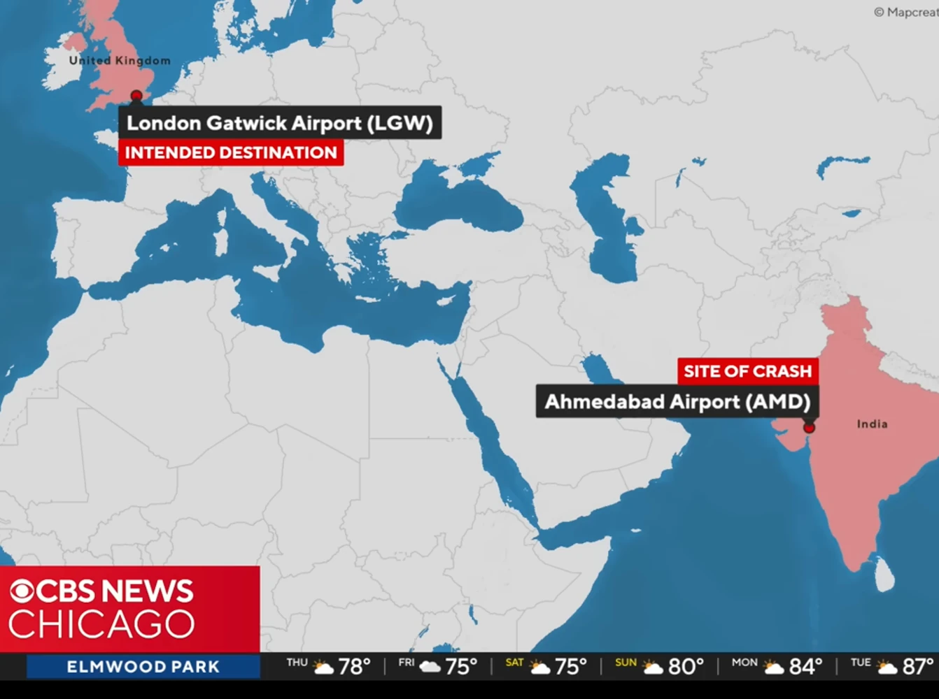 World map highlighting London Gatwick Airport as the intended destination and Ahmedabad Airport in India as the crash site, displayed in a CBS News graphic.