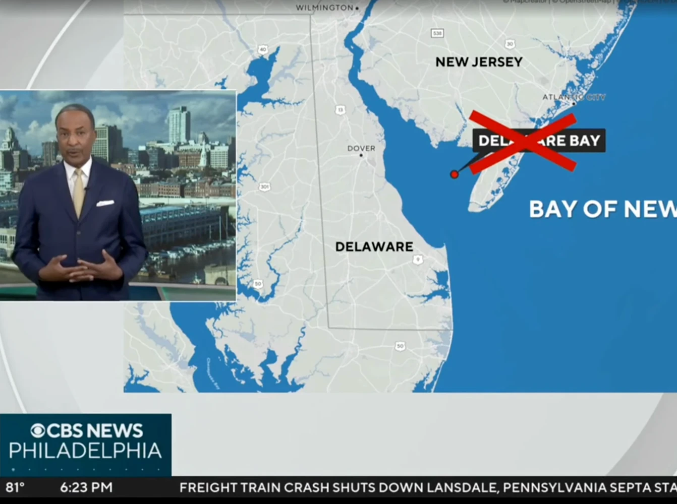 A local news broadcast shows an anchor beside a regional map of Delaware, New Jersey, and surrounding waterways, with an incorrect bay label crossed out in red for emphasis.