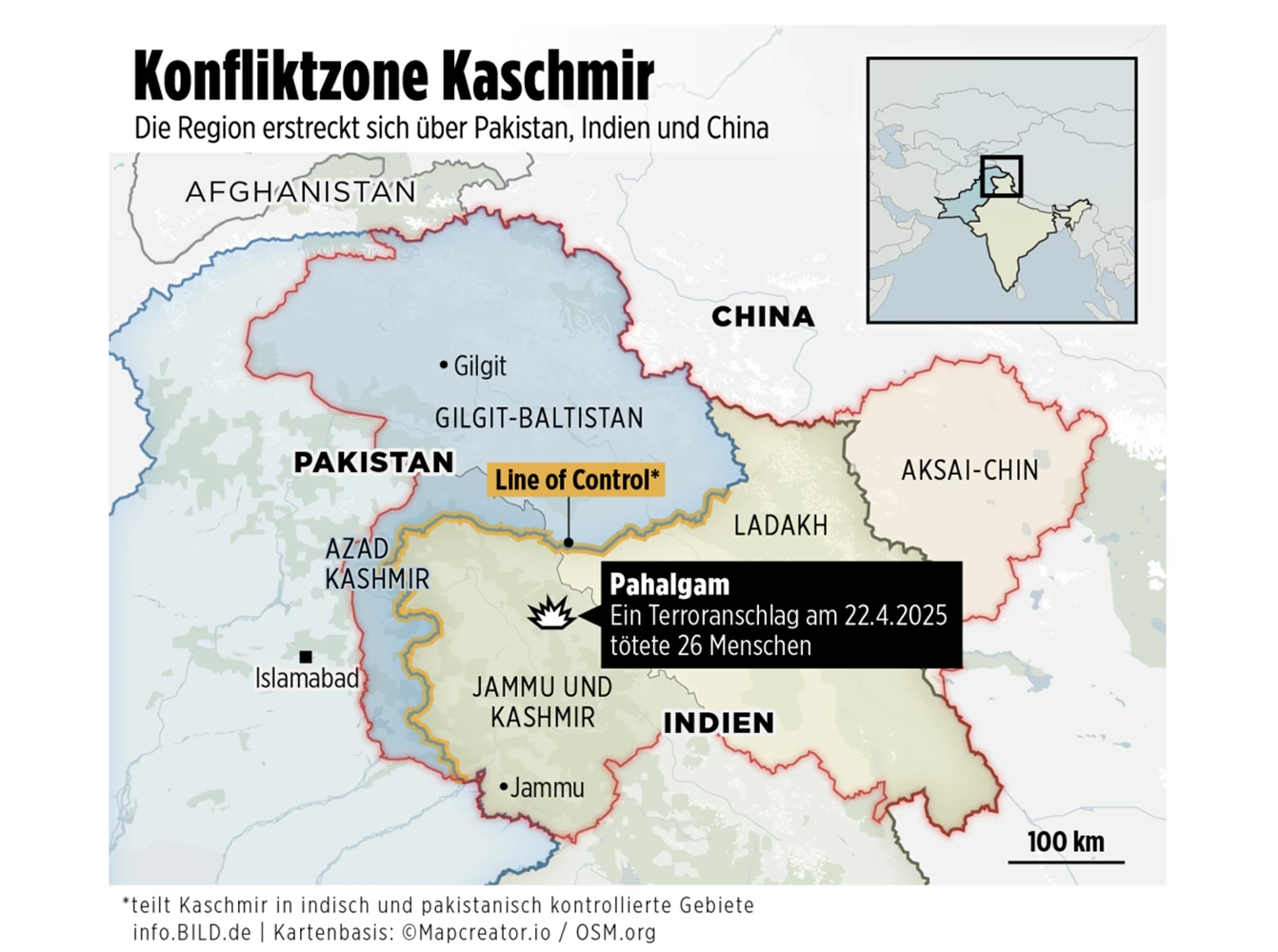 Political map of the Kashmir region highlighting disputed territories, control lines, and key locations across Pakistan, India, and China.