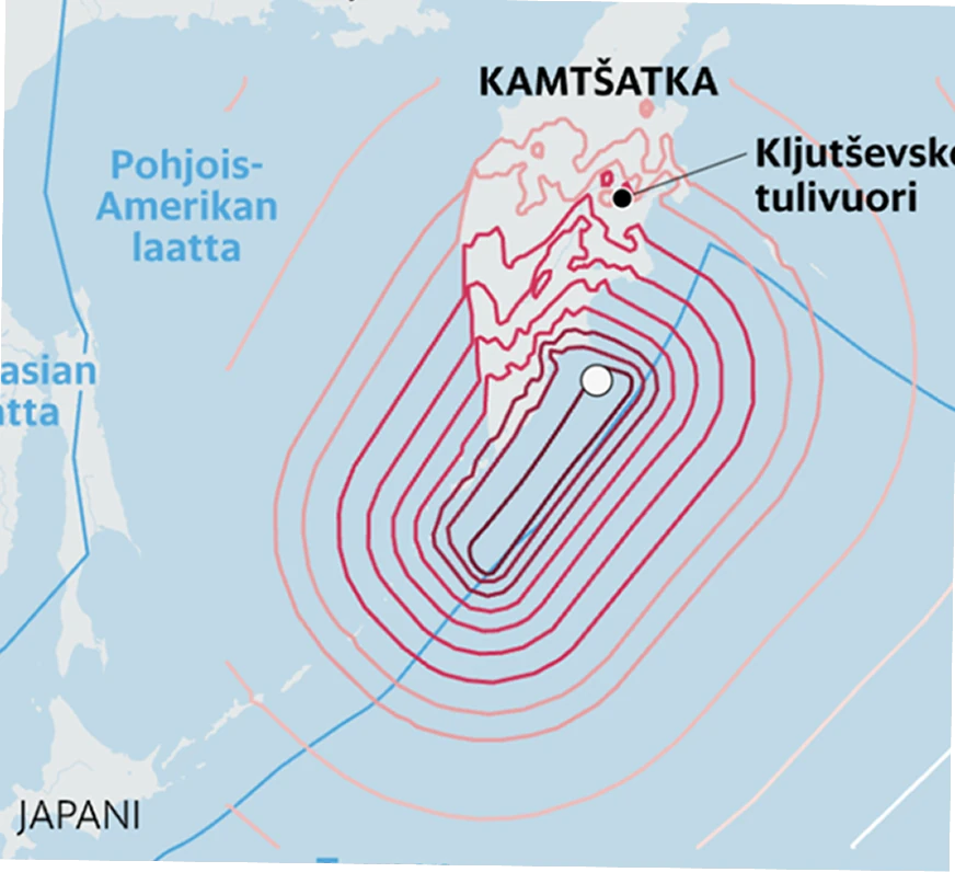Map displaying concentric contour lines around the Kljutsev volcano, indicating volcanic intensity or impact zones, with the volcano’s location marked at the center.
