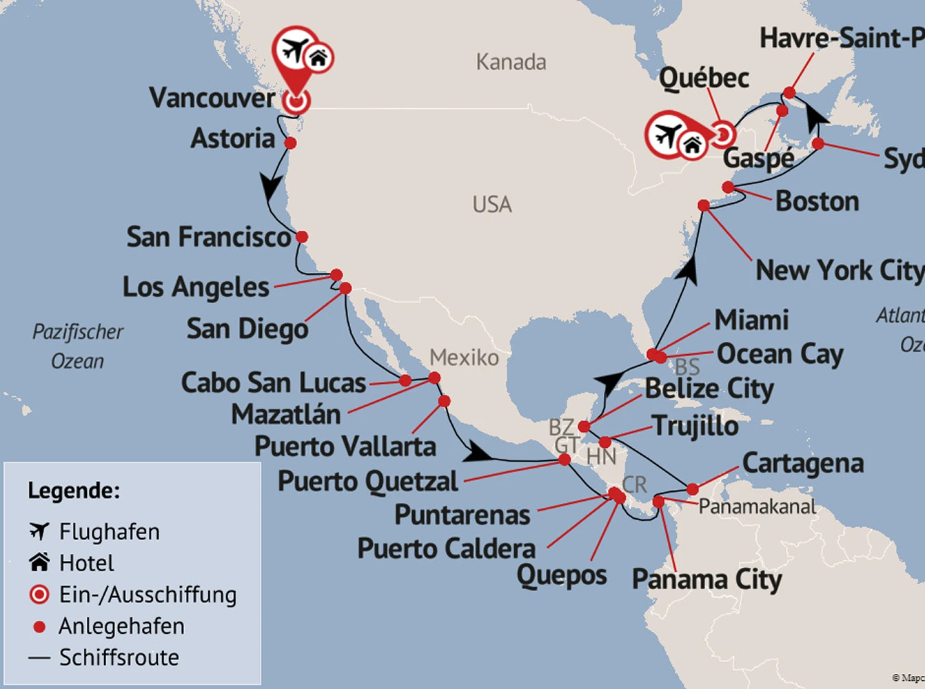 A map of North, Central, and South America illustrating a cruise itinerary with ship routes, ports of call, airports, and embarkation points marked along both the Pacific and Atlantic coasts.