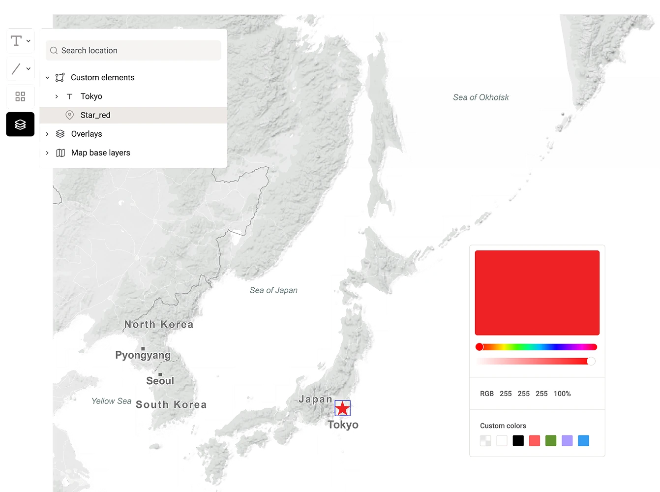 Map of Japan with a custom red star marker on Tokyo, alongside a color picker panel and map editing controls.