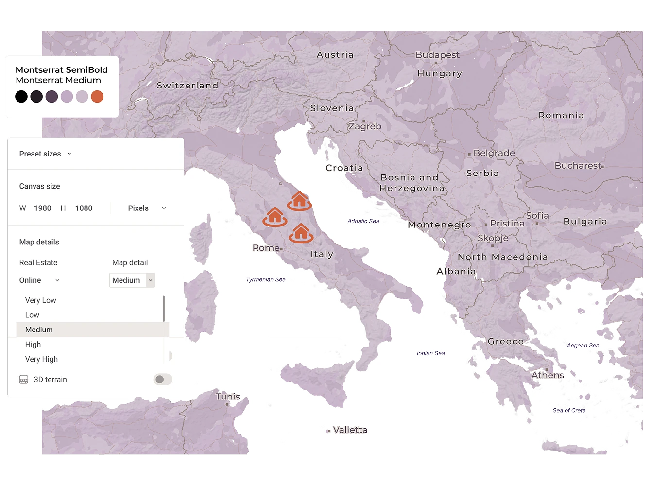 A map design interface showing Italy and surrounding countries with a muted purple color palette, including controls for canvas size, map detail level, and terrain settings.