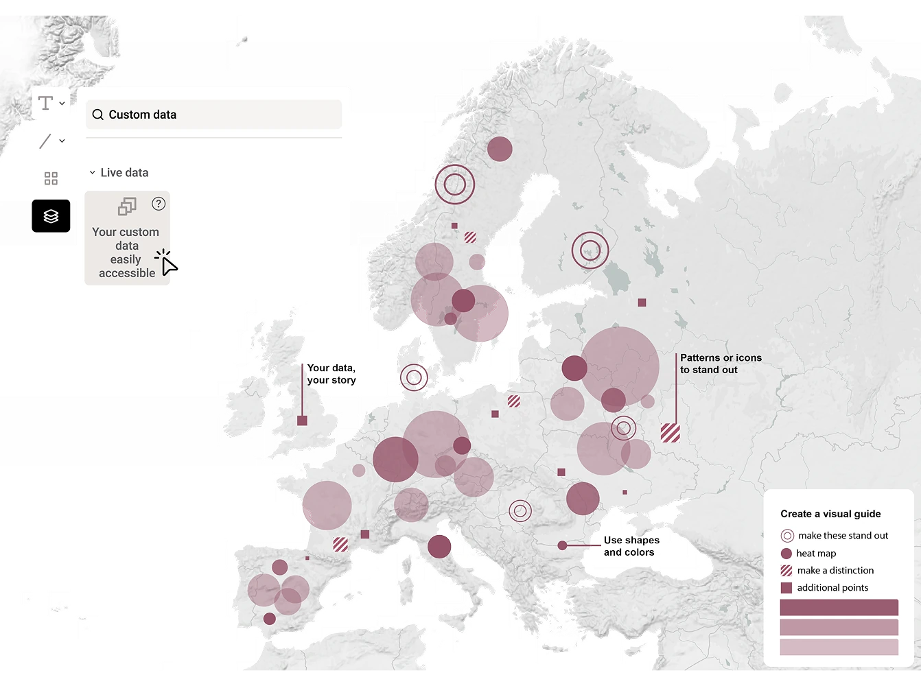 Map of Europe showing custom data points and patterns, with circular markers and a sidebar highlighting accessible custom data options.