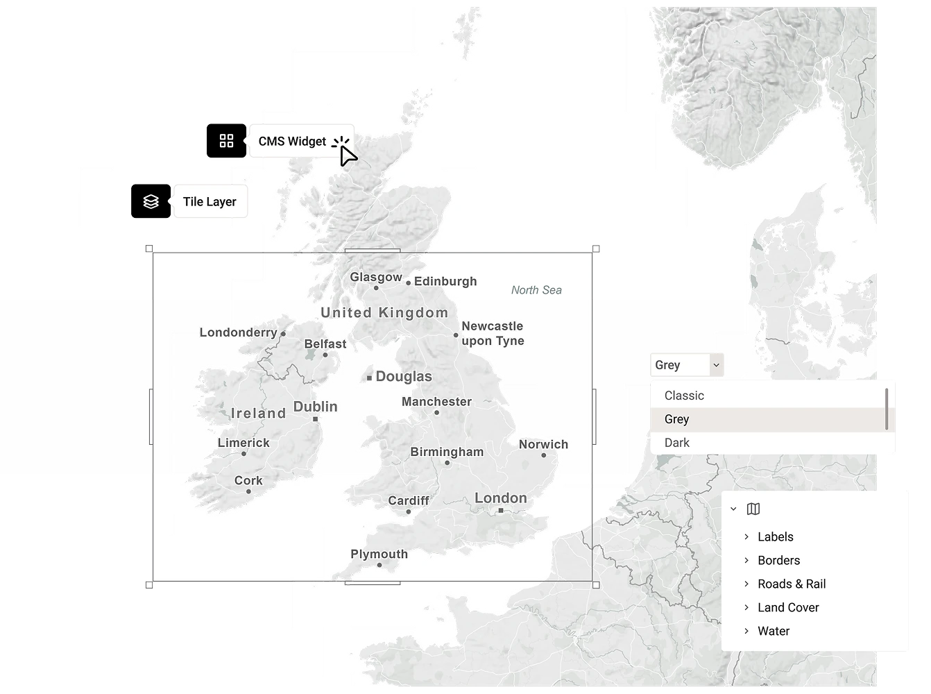 A grayscale map of the United Kingdom shown inside a map editor interface, with UI overlays highlighting CMS widget placement, tile layers, and selectable map styles such as classic, grey, and dark.
