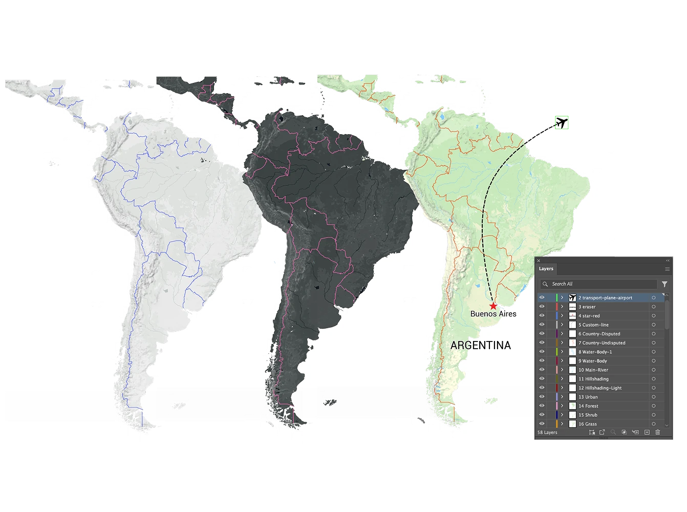 Three versions of a South America map shown side by side, demonstrating consistent styling and layered vector structure across different regional views.
