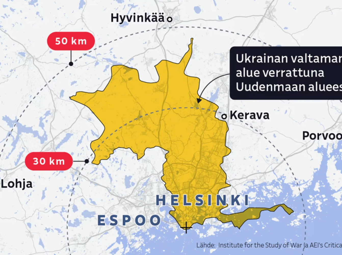 A regional map highlighting an area around Helsinki in yellow, with circular distance markers labeled 30 km and 50 km and nearby cities such as Espoo, Kerava, and Hyvinkää.