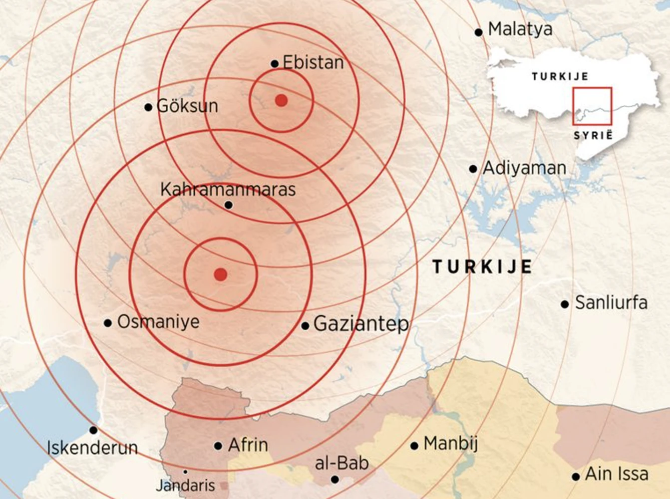 Map of southern Türkiye showing earthquake epicenters with concentric impact rings and labeled affected cities.